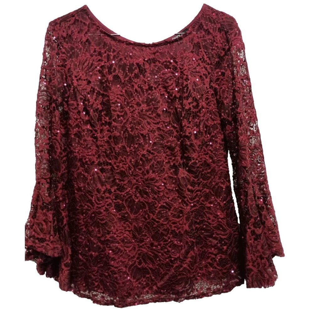 Onyx Nite Womens  Dark‎ Fairy Holiday Top Size Large Red Lace Sequin Bell Sleeve